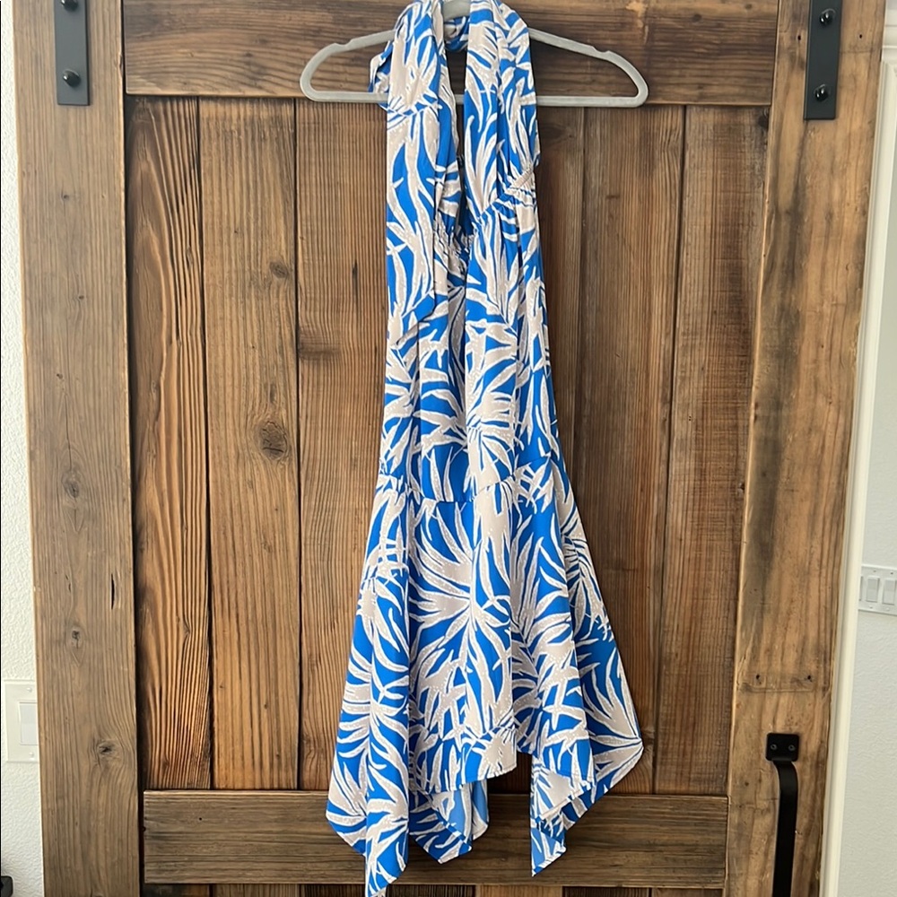 Tropical Halter Blue and White Cut Out Dress